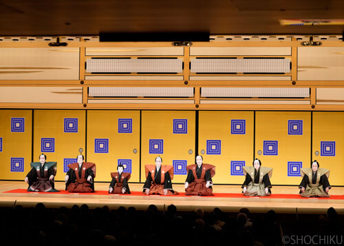 ▲From left, Kataoka Nizaemon, Ichikawa Sadanji, Ichikawa Shinnosuke,<br>Ichikawa Danjūrō, Matumoto Hakuō, Nakamura Baigyoku,<br>Onoe Kikugorō in 'Shūmei Hirō KŌJŌ'.