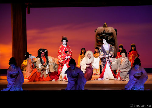 ▲From left, Nakamura Shidō, Bandō Tamasaburō,<br>Nakamura Kankurō, Nakamura Shichinosuke in 'TENSHU MONOGATARI'.