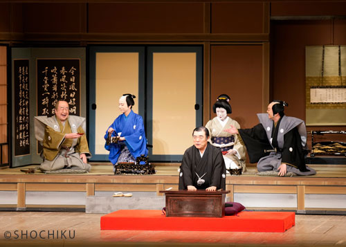 ▲Front row Kanda Shōri. Back row from left, Nakamura Ganjirō,<br>Onoe Sakon, Bandō Tamao, Onoe Shōroku in 'MUHITSU NO SHUSSE'.