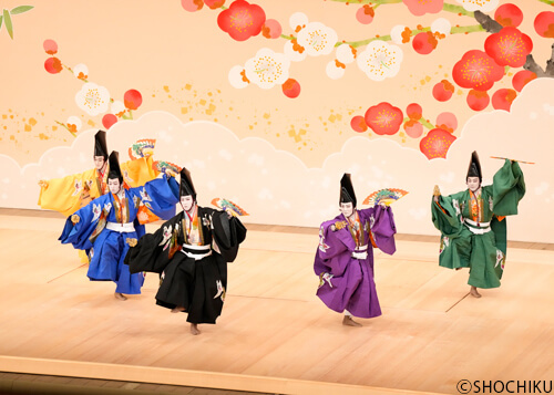 ▲From left, Onoe Ukon, Nakamura Mantarō, Onoe Matsuya,<br>Nakamura Kashō, Nakamura Tanenosuke in 'KOTOBUKI SHIKI SANBASŌ'.