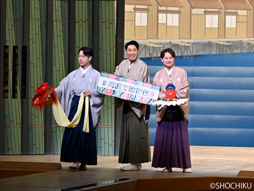 ▲From left, Kamimura Kichitarō, Katsura Danjirō,<br>Kataoka Senju in 'Introduction to KABUKI'.