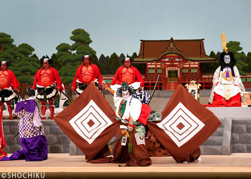 ▲Front row from left, Nakamura Baigyoku, Ichikawa Danjūrō / Back row from left,<br> Nakamura Tanenosuke, Nakamura Kashō, Ichikawa Omezō,<br> Ichikawa Udanji, Nakamura Shikan in 'SHIBARAKU'.