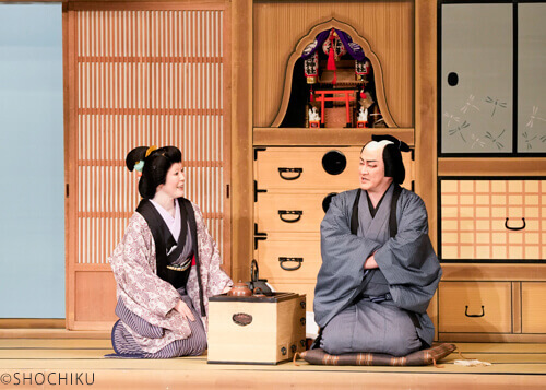▲From left, Terajima Shinobu, Nakamura Shidō <br>in 'SHIBAHAMA NO KAWAZAIFU'.