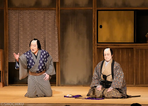▲From left, Onoe Shōroku, Nakamura Matagorō<br> in 'KAGAMIYAMA GONICHI NO IWAFUJI'.  (Program B)