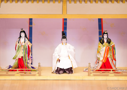 ▲From left, Nakamura Jakuemon, Nakamura Baigyoku,<br> Nakamura Kaishun in 'IWAU HARU KOBIKI NO NIGIWAI'.  