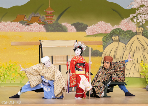 ▲ From left, Nakamura Manju, Nakamura Baishi, Nakamura Mantarō <br> in 'MODORIKAGO IRO NI AIKATA'.