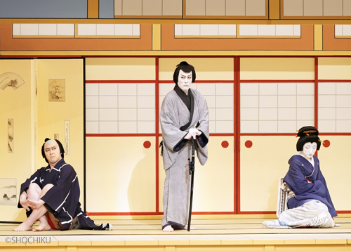 ▲ From left, Onoe Matsuya, Nakamura Kankurō,<br>Nakamura Shichinosuke in 'KAMIKAKETE SANGO TAISETSU' (Program A).